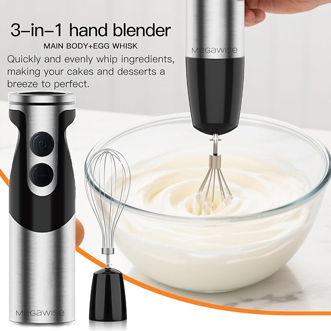 MegaWise Stainless Steel Titanium Reinforced 3-in-1 Immersion Hand Blender, Powerful with 80% Sharper Blades, 12-Speed Corded Blender, Including Whisk and Milk Frother (3-in 1 Black)