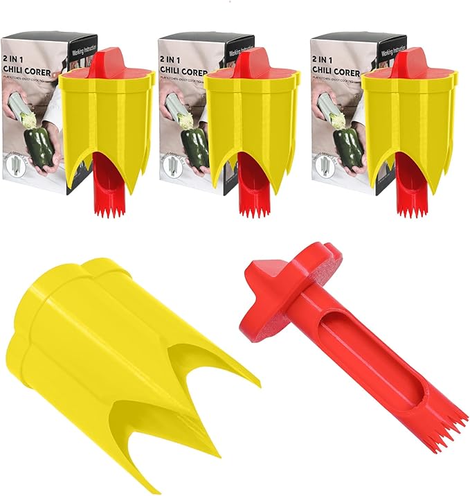 Pepper Corer, 2 in 1 Red Bell Pepper Seed Corer Remover Tool, Fruit & Vegetable Corers Quick Cave Tools for Jalapeno Cutter Deseeder, Red Yellow, 3 PCS