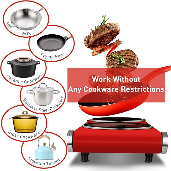 Hot Plate, Techwood 1800W Dual Electric Stoves, Countertop Stove Double Burner for Cooking, Infrared Ceramic Hot Plates Double Cooktop, Red, Brushed Stainless Steel Easy To Clean Upgraded Version, Red
