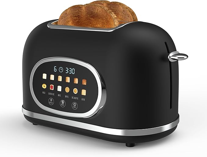 Rae Dunn Retro Digital Electric Toaster, 2 Slice Stainless Steel Toaster With Touchscreen, Countdown Timer, 6 Shade Settings, Wide Slots, High Lift Lever, Bagel, Defrost & Reheat, Digital Black