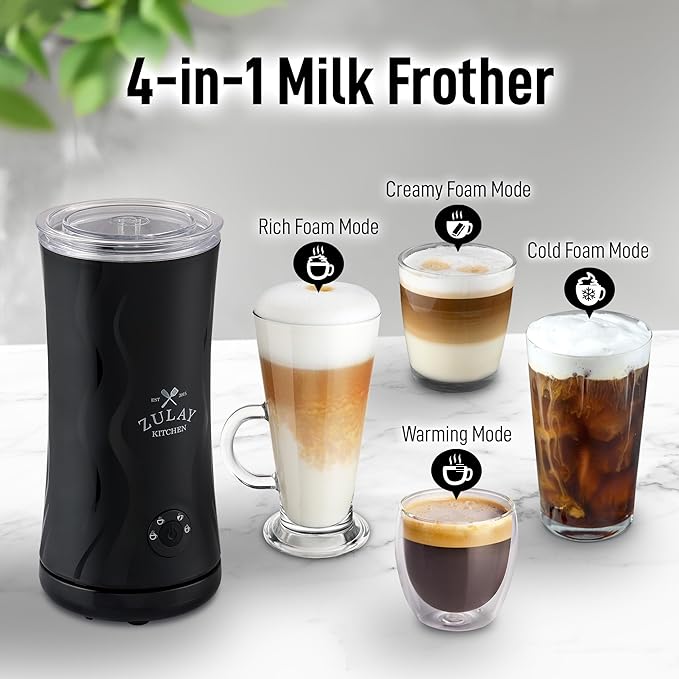 Zulay 4-in-1 Milk Frother and Steamer - Automatic Hot and Cold Foam Maker with Auto Shut Off & Temperature Control for Coffee, Latte, Cappuccino, Hot Chocolate - Black