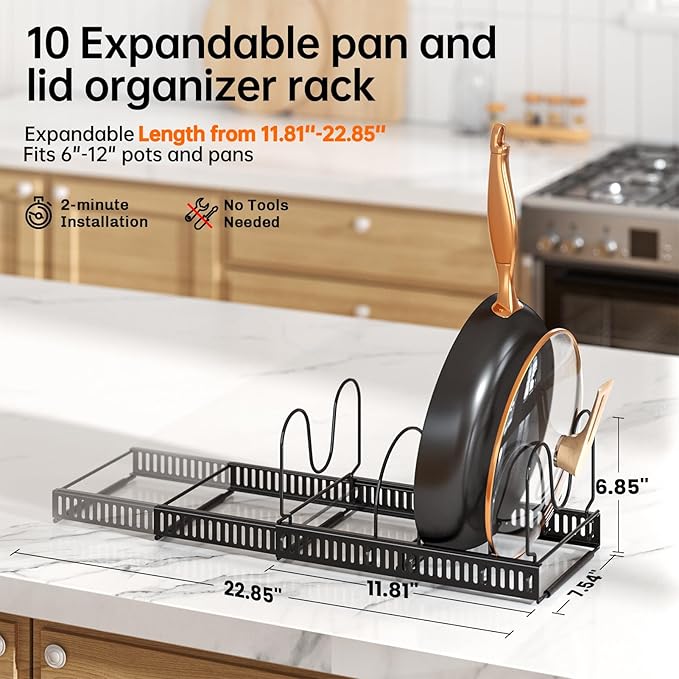 MUDEELA Pots and Pans Organizer Rack for under Cabinet, Expandable 11.81''-22.85'' Pot Lid Kitchen Cabinet Organizer Holder with 10 Adjustable Compartment Cutting Board Organizer for Pan Lid, Bakeware