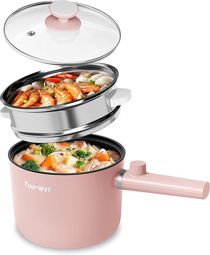 Topwit Hot Pot Electric with Steamer, 1.5L Ramen Cooker, Non-Stick Sauté Pan, Portable Cooking Pot, Electric Cooker with Dual Power Control, BPA Free, Over-Heating & Boil Dry Protection, Pink