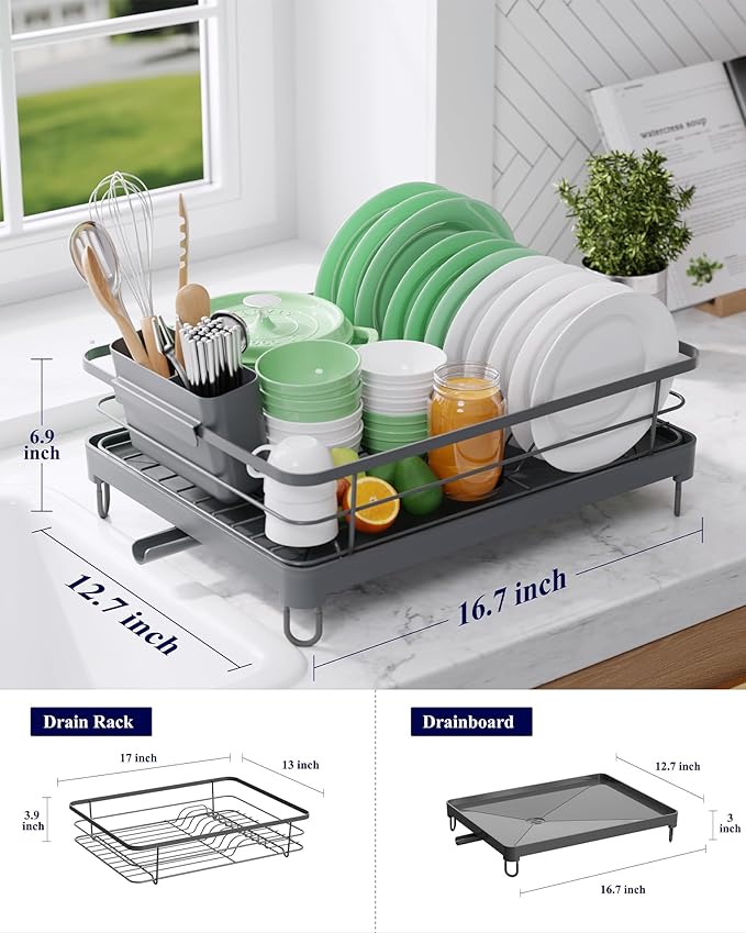Kitsure Dish Drying Rack for Kitchen Counter, Stainless Steel Sink Organization and Storage Essentials with Cutlery Holder, Home and Appartment Decor, 12.7''W x 16.7''L, Grey
