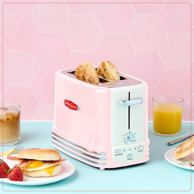 Nostalgia Retro Wide 2-Slice Toaster, Vintage Design With Crumb Tray, Cord Storage & 5 Toasting Levels, Pink