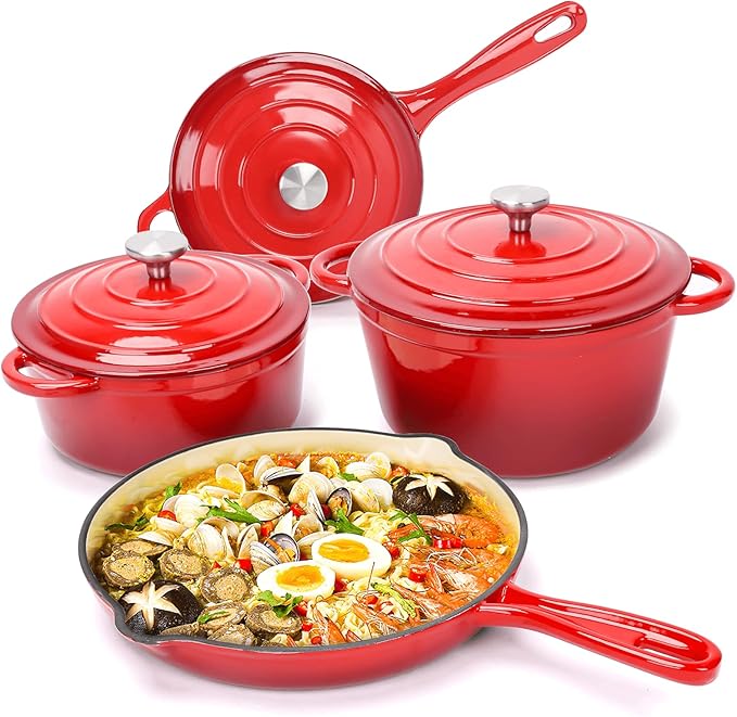 Hisencn Enameled Cast Iron Cookware Set - 7 Piece Dutch Ovens Set, Sauce Pan, Skillet, 3 Lids, Pots and Pans Set, Ceramic Coated Cast Iron, Heavy Duty, Gas/Induction Compatible, PFA Free, Rouge Red
