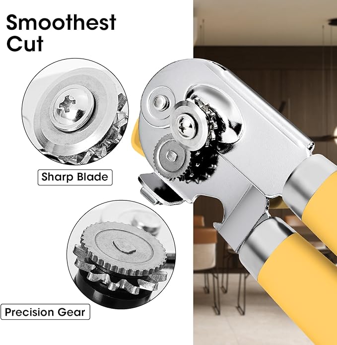 Beneno Heavy Duty Hand Can Opener Manual with Magnet, Durable Sharp Carbon Steel Blade Smooth Cutting, Big Effort-Saving Knob, Soft Grip Handle, Multifunctional Kitchen Tool with Bottle Opener, Yellow