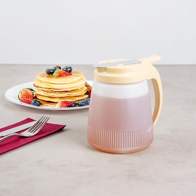 Restaurantware-Chef 101 32 Ounce All Purpose Syrup Dispensers, 10 Honey Dispensers - Beige Top, Stainless Steel Slide Cover, Plastic Pancake Syrup Bottle, Perfect For Diners, Restaurants, Home