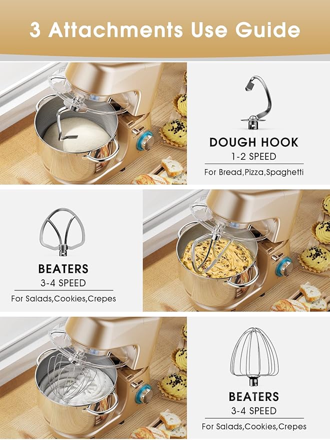 9.5 QT Double Handle KUCCU Stand Mixer, 6 Speed with Pulse Electric Kitchen Mixer, 660W Tilt-Head Food Mixer with Dishwasher-Safe Dough Hook, Flat Beater, Whisk, Splash Guard for home baking (Gold)