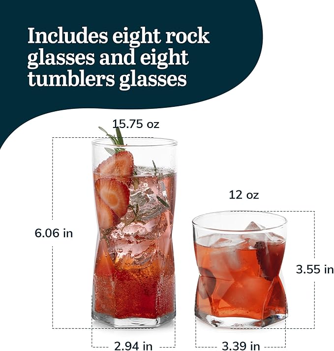 Libbey Rhombus Tumbler and Rocks Drinking Glasses Set of 16, Fun Geometric Glass Cups Set, Kitchen Glasses Set for Cocktails, Water, and Everyday Use