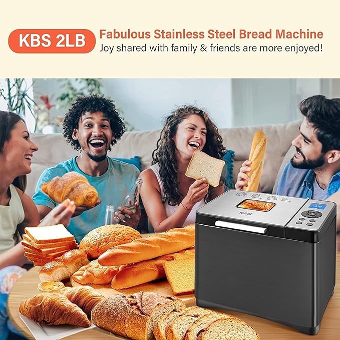 KBS 19-in-1 Programmable Bread Maker,2LB Large Bread Machine Stainless Steel with Sourdough,Gluten-Free,Nonstick Ceramic Pan,650W Bread Maker Machine with 15H Timer&1H Keep Warm,3 Crust Colors,Recipes