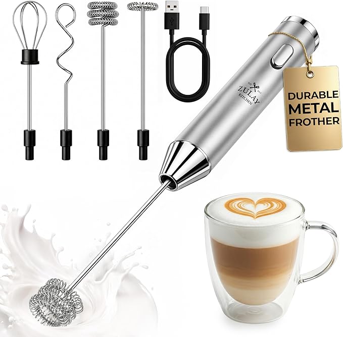 Zulay Kitchen Metal Rechargeable Milk Frother, 3 Whisk Attachments Handheld Frother Wand, 1800mAh USB-C Charging, Electric Drink Mixer for Protein, Matcha & Powders - One Charge Lasts up to 6 Months