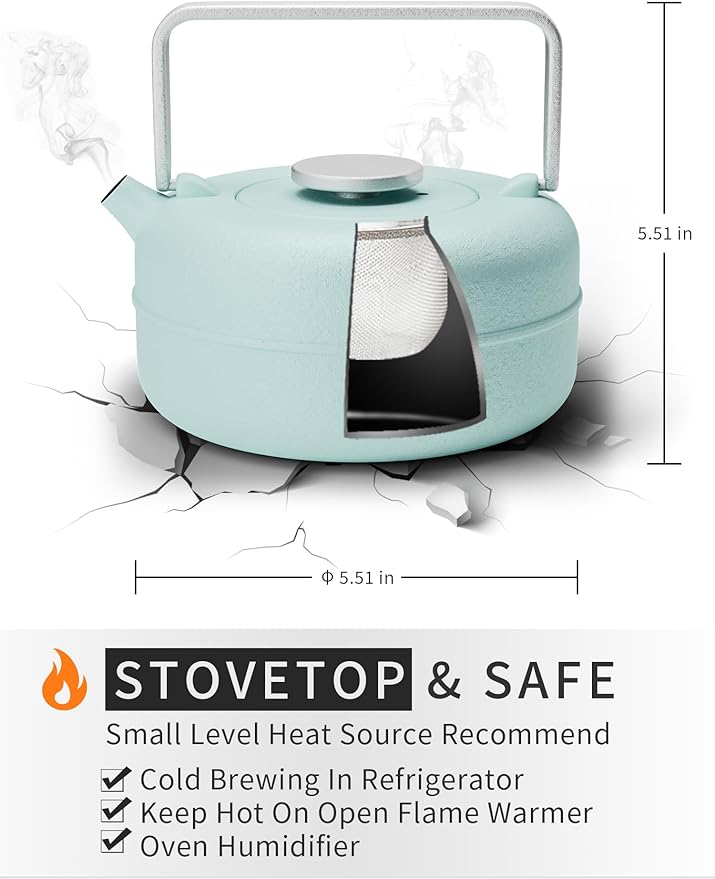 Toptier Teapot with Removable Infuser, Cast Iron Tea Kettle Stovetop Safe, Solid Geometry Cylinder Design Tea Pot Coated with Enameled Interior for 27 Ounce (800 ml), Babyblue
