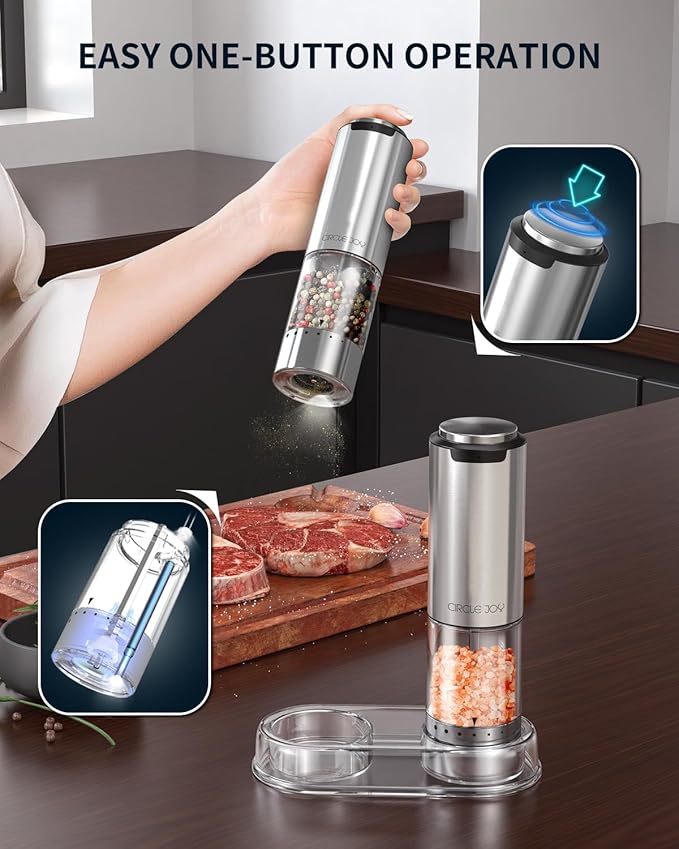 CIRCLE JOY Rechargeable Electric Salt and Pepper Grinder Set with Base, Stainless Steel Pepper Mills with 95ml Container, White LED Light and External Adjustable Coarseness, Silver