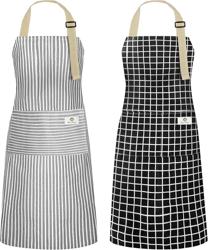 NLUS 2 Pack Kitchen Cooking Aprons, Adjustable Bib Waterproof Chef Apron with 2 Pockets for Men Women(Grey Stripe/Black Plaid)