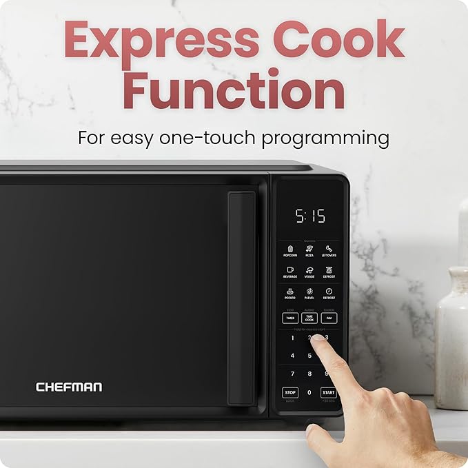 Chefman Countertop Microwave Oven 0.7 Cu. Ft., 700 Watts with 10 Power Levels, 6 Cooking Presets with One-Touch Express Cook, Eco Mode, Child Safety Lock, & Mute Button - Black