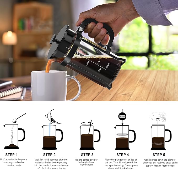QUQIYSO French Press Coffee Maker 304 Stainless Steel French Press with 4 Filter, Heat Resistant Durable, Easy to Clean, Borosilicate Glass Coffee Press, 100% BPA Free Glass Teapot, 21 ounce, Black
