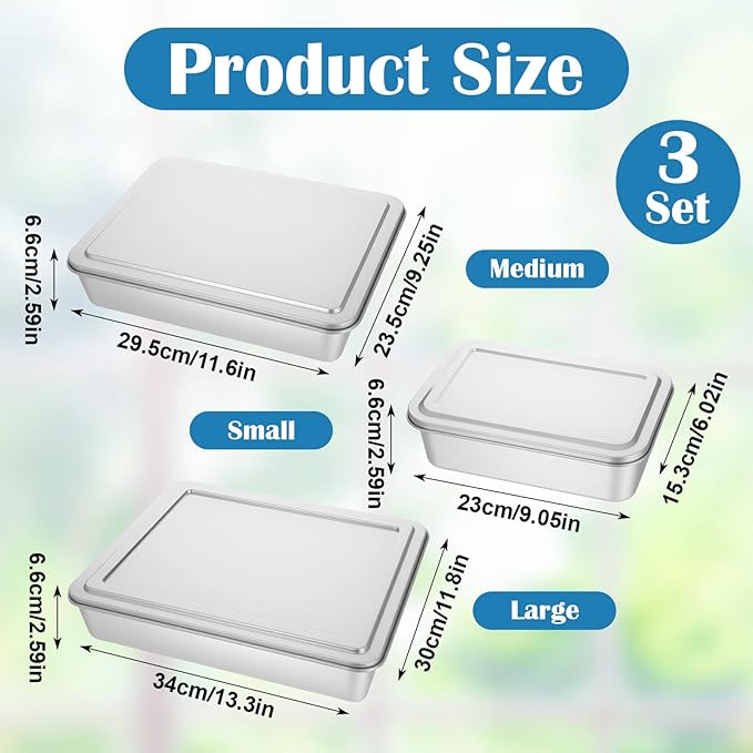 3 Set Stainless Steel Cake Pan with Lid, 13/11/9 Inch Rectangle Cake Pans Sets with Covers Baking Bakeware for Bread Fish Meat Vegetables, Non-Stick, Mirror Finish, Dishwasher Safe