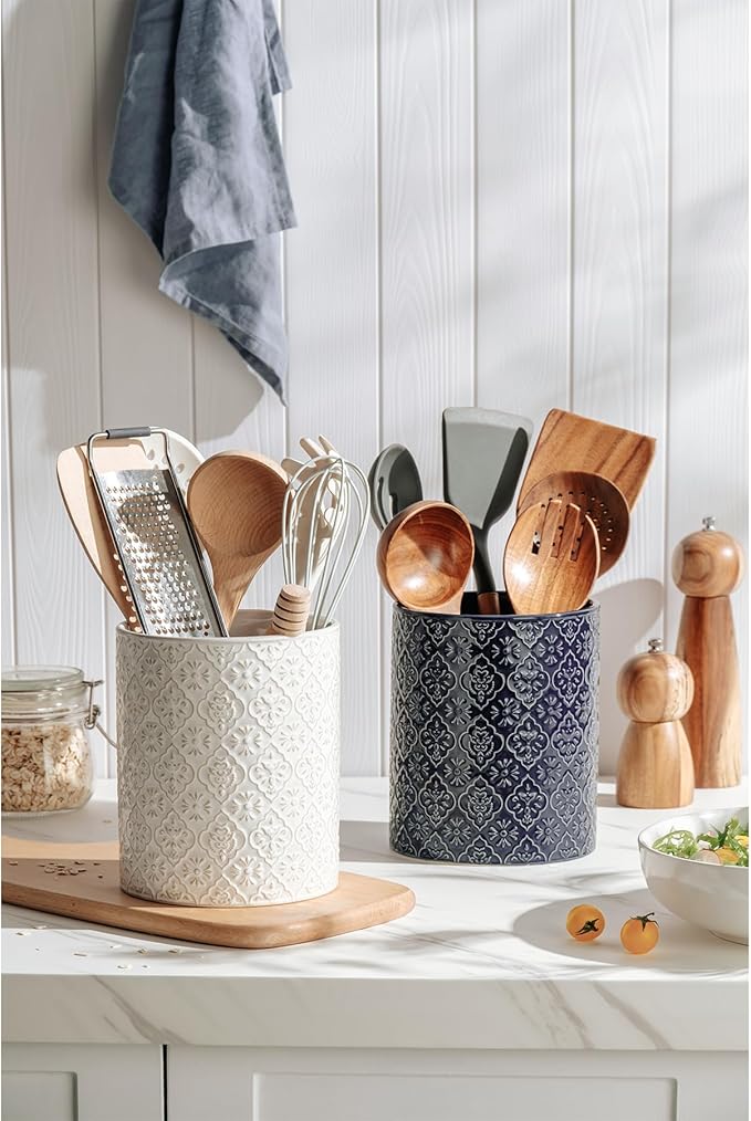 Kitchen Utensil Holder, 6x7 inch Large Ceramic Utensil Holder with Embossed Pattern, Cooking Utensil Crocks for Kitchen Countertop, Home Decor, Off-White