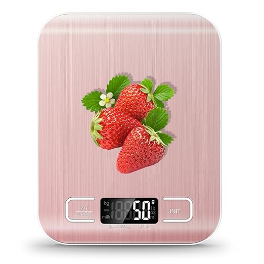 Food Scale, 11lb Kitchen Scale with 6 Units Tare Function & LCD Display, 0.05oz/1g Stainless Steel Digital Food Scale Grams and Ounces for Baking, Cooking, Dieting and Meal Prep (Pink)