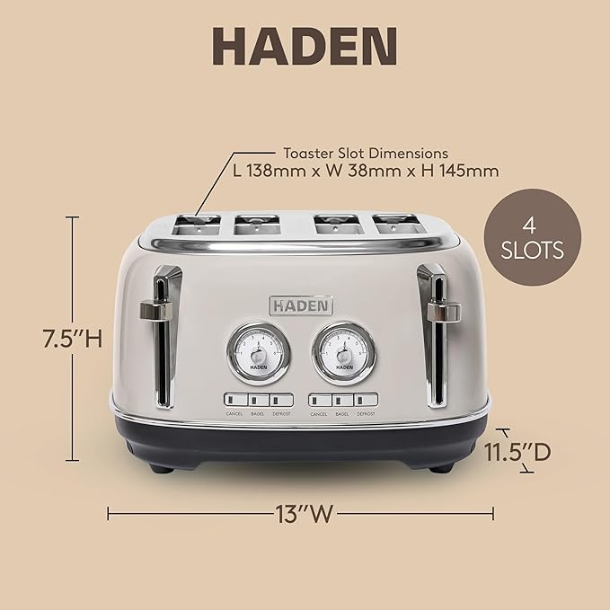 Haden Dorset 4 Slice Wide Slot Stainless Steel Toaster with Adjustable Browning Control & Non-Slip Feet, Putty & Chrome