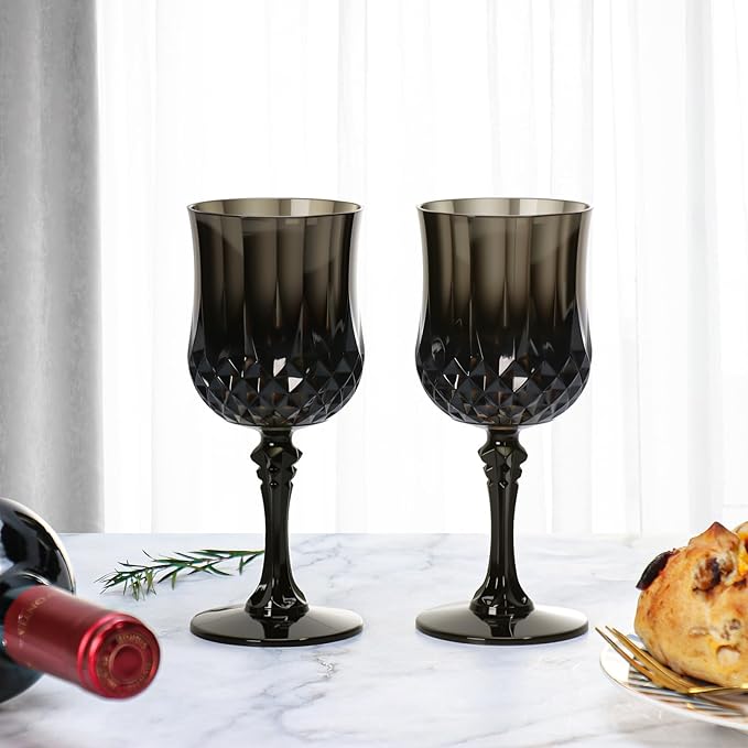 XUWAIDSGN 7oz Plastic Vintage Wine Glasses Drinking Glasses Unbreakable Wedding Glassware Crystal Water Goblets Reusable Drinkware Vintage Champagne Flutes (48, Black)