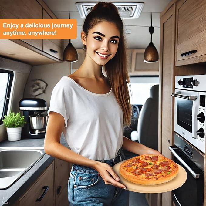 Small 10 inch Round Pizza Stone,for RV Camper Oven,Round baking stone Grill,Can make pizza, bread, pies,BBQ, Durable and Safe, Give away Plastic Scraper