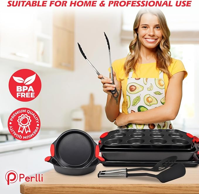 PERLLI Non-Stick 17-Piece Baking Pan Set, BPA-Free Carbon Steel Bakeware Set with Silicone Handles, Stackable Kitchen Oven Set, Cookie Sheet, Baking Tray, Baking Sheet Set, Utensils, Oven Safe (446°F)