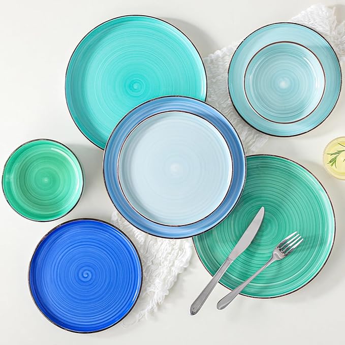 vancasso Bonita Dinnerware Sets 24 Pieces, Blue Stoneware Dishes Set for 6, Dinner Platers with Bowls Set, Dishwasher and Microwave Safe