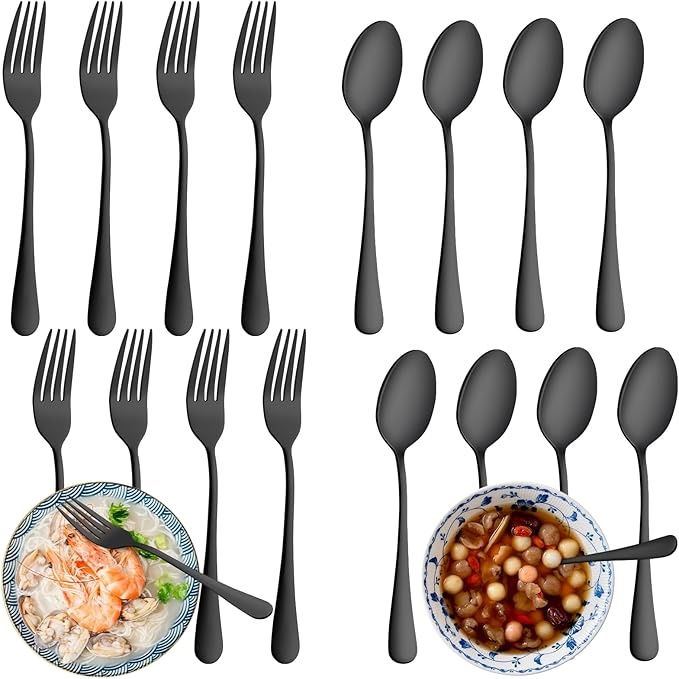 24 Pcs Black Forks and Spoons Silverware Set, Food Grade Stainless Steel Flatware Cutlery Set for Kitchen and Restaurant, 12 Dinner Fork(8") and 12 Teaspoon(6.7"), Mirror Polished, Dishwasher Safe