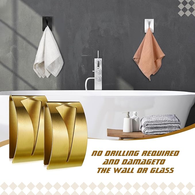 Boao 4 Pcs Self Adhesive Towel Hook Holder Grabber Stainless Steel Kitchen Dish Towel Hook Wall Mount Non Drilling Hangers Rack Hand Tea Holders for Bathroom Accesories Kitchen Gadgets(Gold)