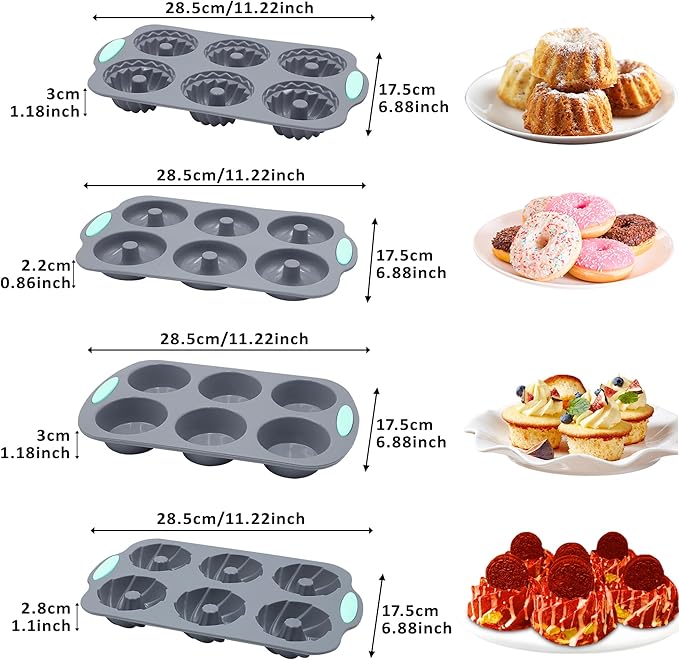 Tongjude 8 Pieces Silicone Donut Pans, Nonstick Silicone Muffin Pans, Heat Resistant Kitchen Oven Baking Cups, Dishwasher Safe and Microwave Safe, Grey