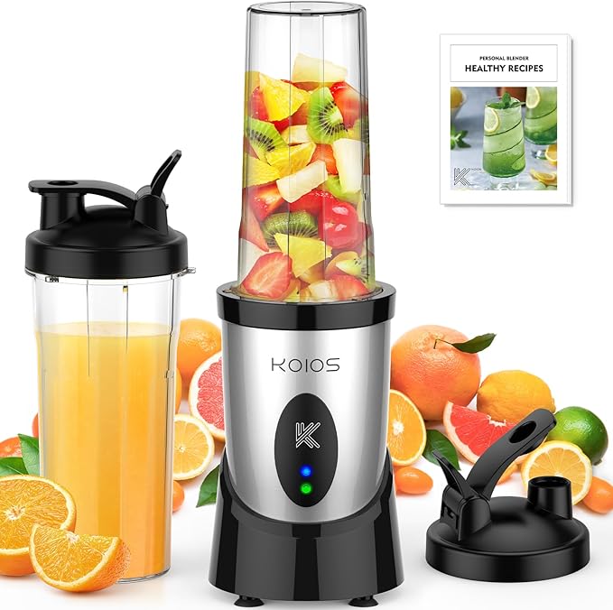 KOIOS Smoothie Blender, 900W Personal Blender for Shakes and Smoothies for Kitchen with 2 Portable Cups 22oz, Single Serve Smoothies Maker Mixer for Juices, Nutritious Recipe, Silver
