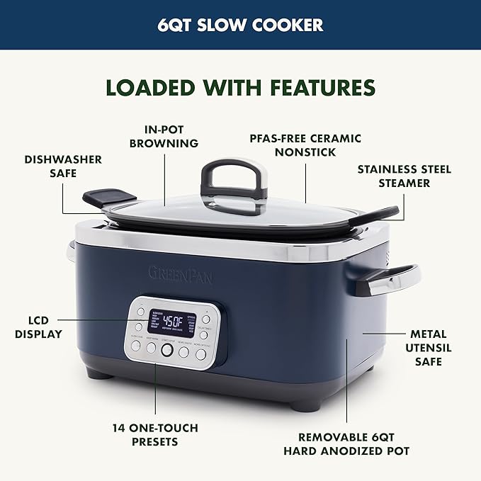 GreenPan Elite 14-in-1 Nonstick 6QT Electric Slow Cooker, PFAS-Free Ceramic Multi-Cooker, In-Pot Browning, Dishwasher Safe Lid & Removable Crock, Stainless Steel Steamer, Silicone Handles, Oxford Blue