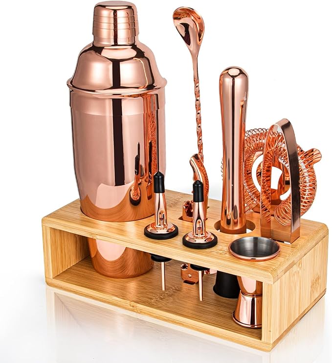 Rose Gold Cocktail Shaker Set, Premium 18/8 Stainless Steel Mixology Bartender Kit with Stylish Bamboo Stand 10-Piece Bar Tools & Accessories for Home Decor - Gift for Women, Mom, Wedding
