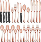 24 Pcs Rose Gold Silverware Set with Steak Knives Service for 4,Stainless Steel Flatware Set,Mirror Polished Cutlery Utensil Set, Kitchen Eating Tableware,Include Fork Knife Spoon Set,Dishwasher Safe
