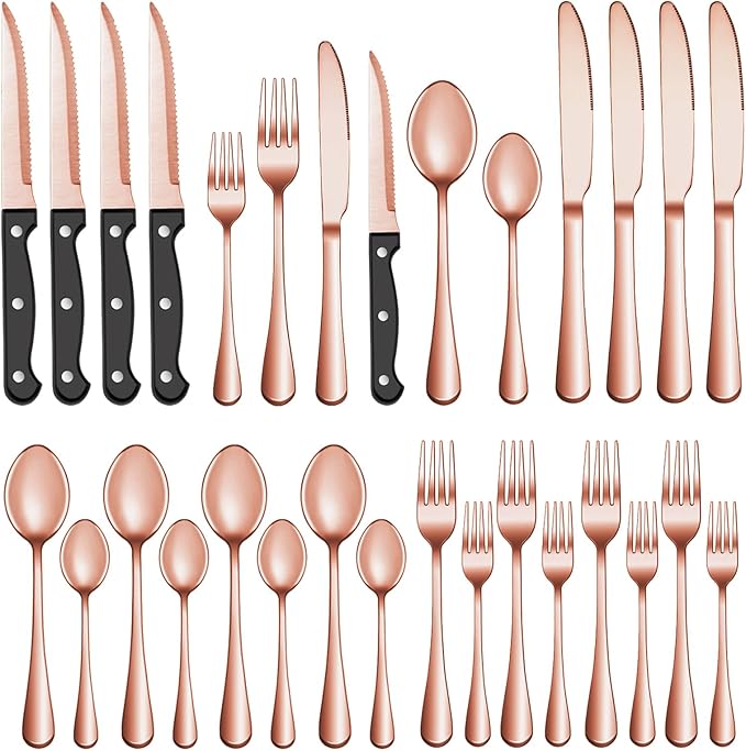 24 Pcs Rose Gold Silverware Set with Steak Knives Service for 4,Stainless Steel Flatware Set,Mirror Polished Cutlery Utensil Set, Kitchen Eating Tableware,Include Fork Knife Spoon Set,Dishwasher Safe