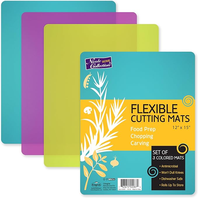 Nicole Home Collection Flexible Cutting Mats Set of 3 - BPA-Free Plastic Color-Coded Kitchen Chopping Boards, 12"x15", Durable Non-Slip Mats for Meat, Veggies, Fruits
