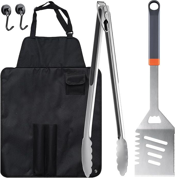 5-Piece Grill Tools Set, BBQ Grilling Accessories with Spatula, Tongs, Portable Grill Utensils Set with Hooks & Storage Apron, Stainless Steel Grilling Tools Kit, Gifts for Men Dad