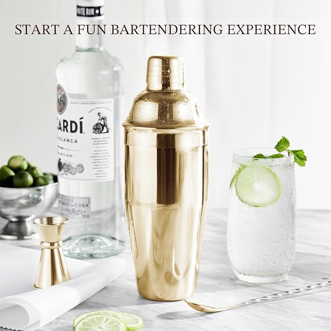 KITESSENSU Cocktail Shaker Set, Stainless Steel Bartending Kit with 25 Ounce Cocktail Shaker with Built in Drink Strainer, Measuring Jigger, Mixing Spoon & Drink Recipe Guide, Gold
