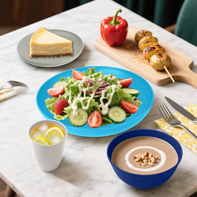 Wheat Straw Dinnerware Sets of 32, Unbreakable Plates and Bowls Sets Service for 8, Dinner Plate/Dessert Plate/Bowl/Cup, for Outdoor Camping RV Apartment Essentials - Island Color