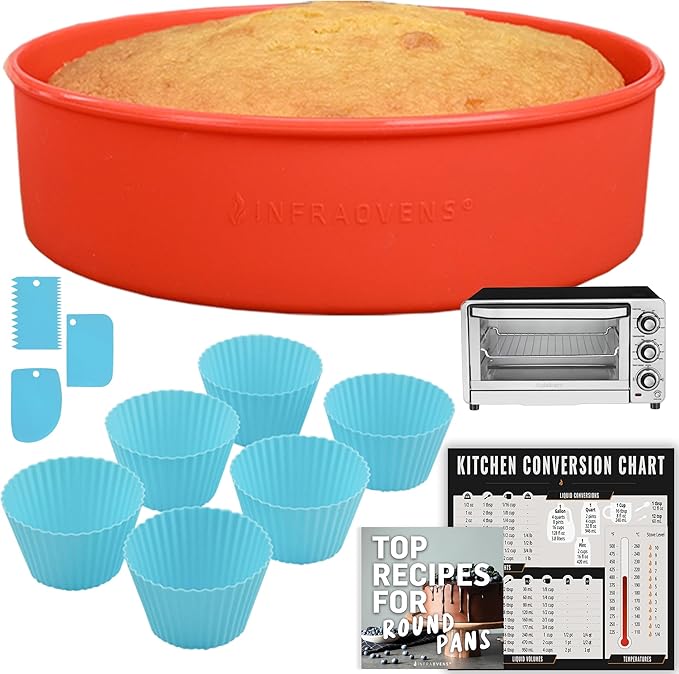 Air Fryer Toaster Oven Baking Pan Set Compatible with Cuisinart, Ninja Foodi, Breville, Emeril Lagasse, Bakeware Set Cupcake Liners & Kitchen Conversion Chart, Nonstick Round Cake Molds