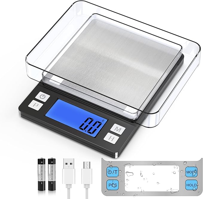 BOMATA Upgraded Small Food Scale, 0.1 g/0.001 oz High Precision, 3000 g/6.6 lb, with New Hold Function and Larger Display, USB Rechargeable, Digital Kitchen Scale for Small Item, Jewelry. Black