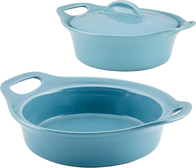 Rachael Ray Solid Glaze Ceramics Casserole Bakeware/Baker Set with Shared Lid, 3 Piece, Agave Blue