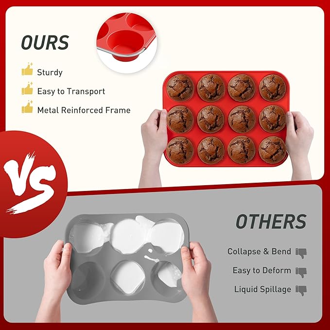 2 Pack 12 Cups Silicone Muffin Pan with Metal Reinforced Frame Regular Size Silicone Molds Cupcake Cake Baking Pans Cookie Baking Chocoflan Cupcake Mold Muffin Tray Dishwasher Safe BPA Free