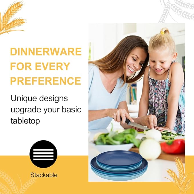 Rubtlamp 16pcs Wheat Straw Dinnerware Set, Unbreakable Plates And Bowls Sets of 4, Plastic Plates Set Reusable (Light Deep Four Colors) Daily