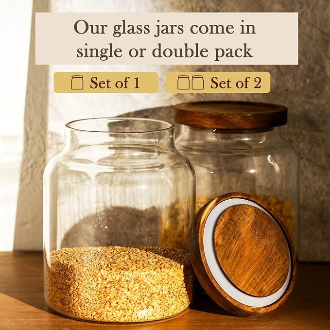 Labina Glass Storage Container Airtight Food Jars Kitchen Canister with Wood Lids, 60 Oz Wide Mouth Pantry Organization Glass Jar for Flour, Sugar, Cookie, Spagetti, Nuts and Candy