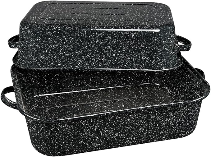 Granite Ware 19-Inch Covered Rectangular Roaster - Enamel Steel Cookware, Nonstick & Chemical-Free, Dishwasher Safe - 25 Lb Capacity, Large Roasting Pan for Meats, Poultry, Vegetables (Speckled Black)