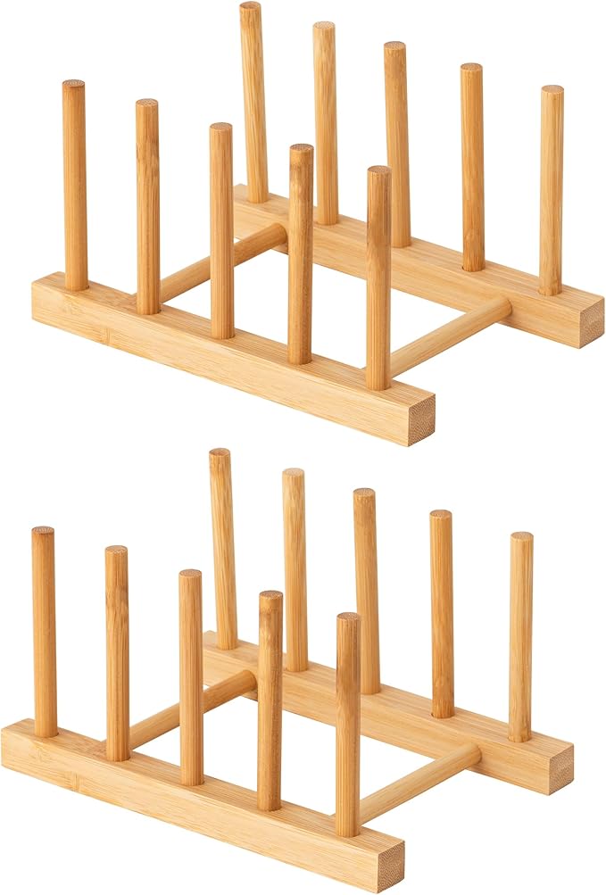 HBlife 2pcs Bamboo Dish Plate Bowl Cup Book Pot Lid Cutting Board Drying Rack Stand Drainer Storage Holder Organizer Kitchen Cabinet（Keep Dry）