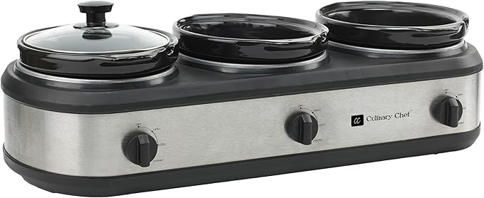 CULINARY CHEF, Triple Slow Cooker, Buffet Server 3 Pot, Food Warmer - Stainless